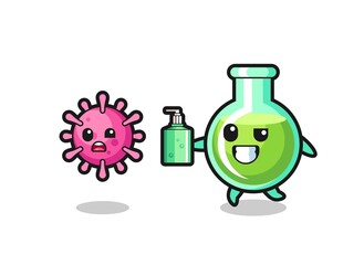 illustration of lab beakers character chasing evil virus with hand sanitizer