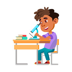 Boy Kid Scientist Research With Microscope Vector. Happy Hispanic Preteen Child Looking Through Microscope, Studying On Biology School Lesson. Character Study In Laboratory Flat Cartoon Illustration