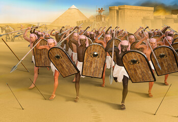 Ancient Pharaoh spear thrower soldiers attacking