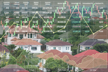 Stock index data investment on real estate business and construction industry with candlesticks, graph and chart diagram on aerial view of countryside low-rise housing background.