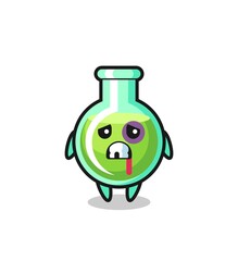 injured lab beakers character with a bruised face