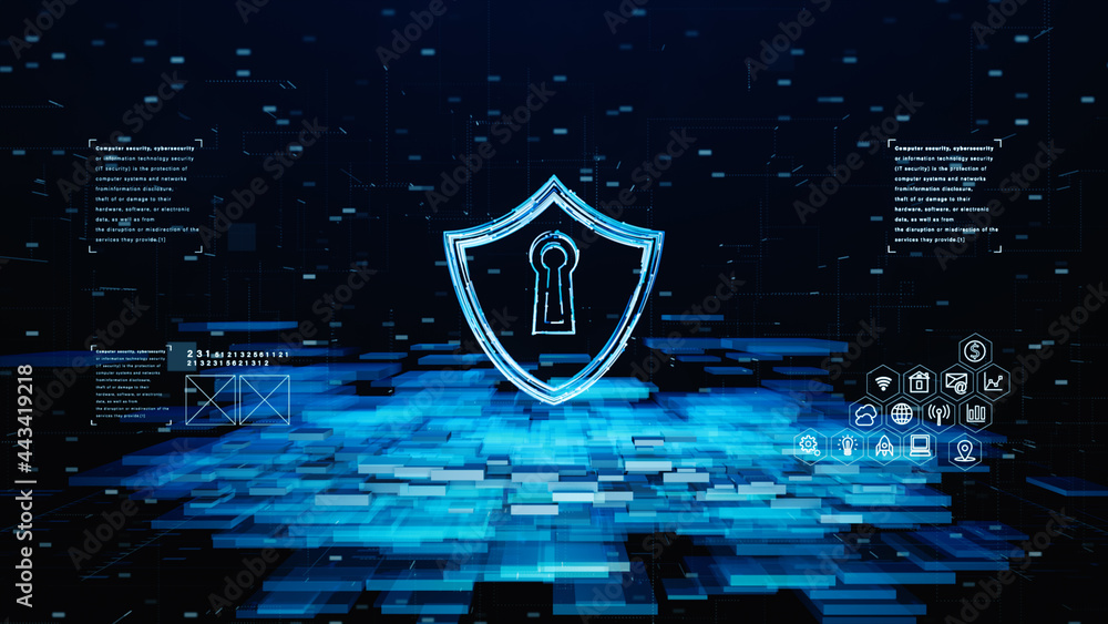 Poster shield icon of cyber security. digital data network protection. network connection data analysis. te