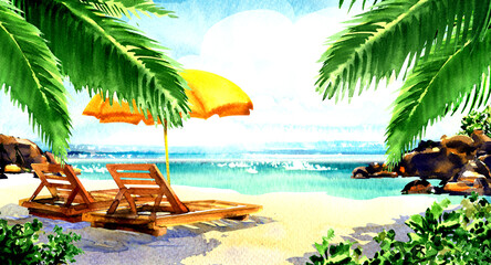 Beautiful paradise tropical island with sandy beach, palms, sea, ocean, chairs, deckchairs, umbrella. Holiday relax travel vacation resort concept, watercolor illustration. Idyllic background