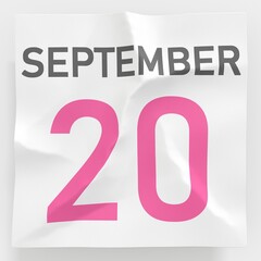 September 20 date on crumpled paper page of a calendar, 3d rendering