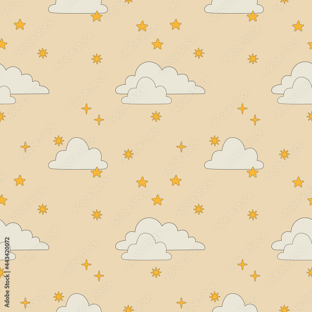 Wall mural vintage seamless pattern with stars and clouds. boho style pattern. digital retro paper with celesti