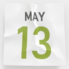 May 13 date on crumpled paper page of a calendar, 3d rendering