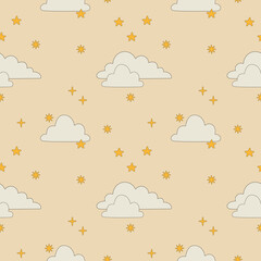 Vintage seamless pattern with stars and clouds. Boho style pattern. Digital retro paper with celestial bodies. Vector pattern
