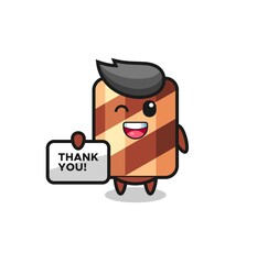 the mascot of the wafer roll holding a banner that says thank you