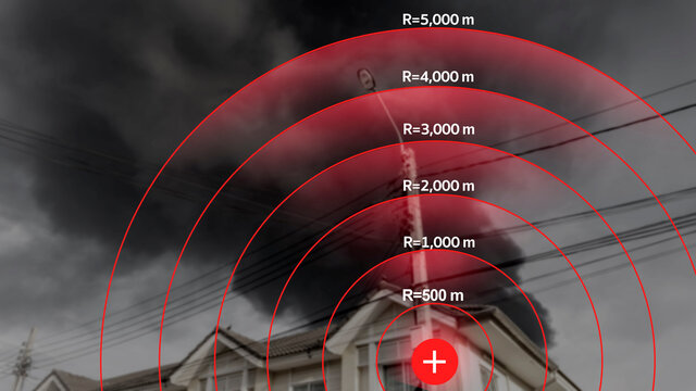 red radar screen interface showing the distance of the area and a large cloud of toxic smoke in the background