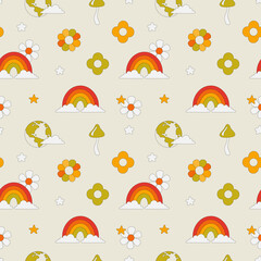 Seamless pattern with rainbow, flowers, planet and mushrooms. Hippie-style pattern. Digital cartoon paper. Vector illustration