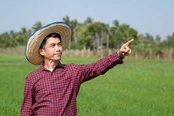 Asian farmer man smile and raised up hand pointing at a green rice farm
