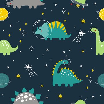 Cute Cartoon Print With  Dinosaur In Space. Handwritten Seamless Pattern. Hand Drawn Print With Space And Dino. Doodle Design Elements
