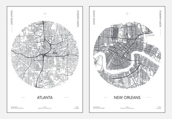 Travel poster, urban street plan city map Atlanta and New Orleans, vector illustration