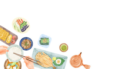 日本の朝食（和食）手描き水彩風イラスト