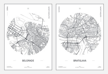 Travel poster, urban street plan city map Belgrade and Bratislava, vector illustration - obrazy, fototapety, plakaty