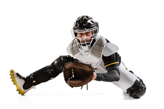 Baseball Player, Catcher In Action In White Sports Uniform And Equipment Practicing Isolated On A White Studio Background. Side View