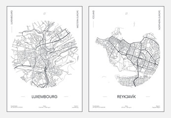 Travel poster, urban street plan city map Luxembourg and Reykjavik, vector illustration - obrazy, fototapety, plakaty