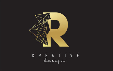 Golden Letter R logo design with broken stone, glass detail. Vector Illustration with geometrical effect.