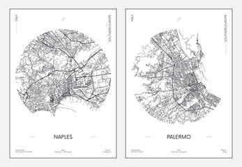 Travel poster, urban street plan city map Naples and Palermo, vector illustration - obrazy, fototapety, plakaty