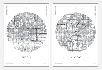 Travel poster, urban street plan city map Phoenix and Las Vegas, vector illustration