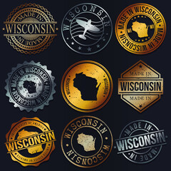 Wisconsin, USA Business Metal Stamps. Gold Made In Product Seal. National Logo Icon. Symbol Design Insignia Country.