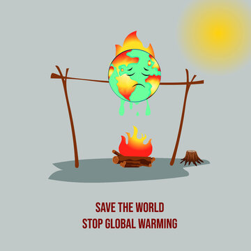 Global warming illustration earth on fire. World is burning vector. Globe on fire. Fire on tress and world is on fire. Earth is burning. Climate change template.