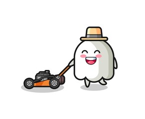 illustration of the ghost character using lawn mower