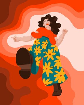 Woman Stepping Forward With Flower Power Trousers, Behind An Abstract Retro Background. 