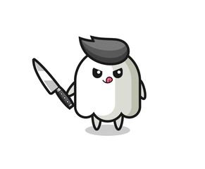 cute ghost mascot as a psychopath holding a knife