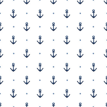 Watercolor navy blue Anchor seamless pattern. Nautical ship part. Sea life, cruise, traveling theme. Hand drawn Marine background, texture for print, fabric, textile, wrapping paper, scrapbooking