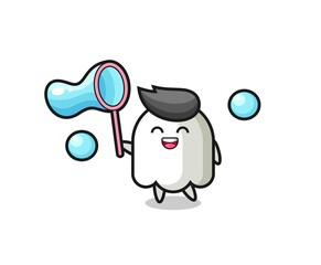happy ghost cartoon playing soap bubble