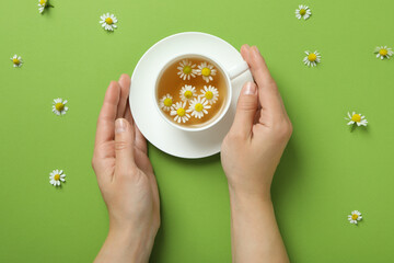 Female hands and chamomile tea on green background