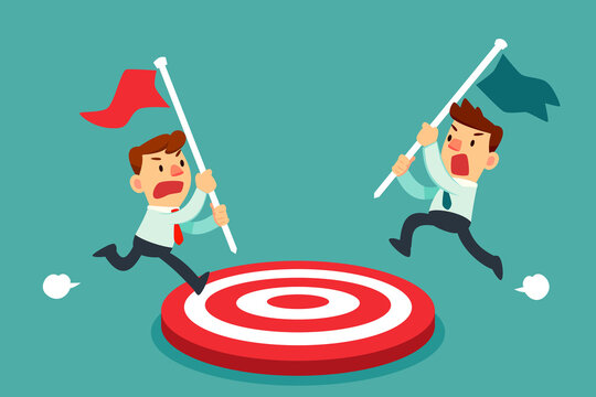 two business people competing to put flag on tarket