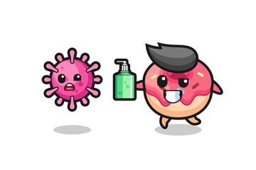 illustration of doughnut character chasing evil virus with hand sanitizer