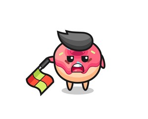 doughnut character as line judge hold the flag down at a 45 degree angle