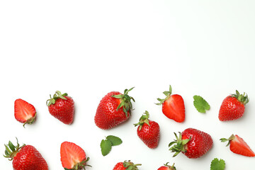 Fresh tasty strawberry with leaves on white background