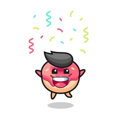 happy doughnut mascot jumping for congratulation with colour confetti