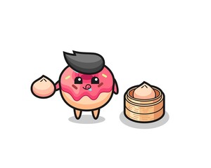 cute doughnut character eating steamed buns