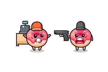 illustration of the cute doughnut as a cashier is pointed a gun by a robber