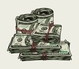 Stacks and rolls of dollar bills