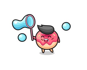 happy doughnut cartoon playing soap bubble