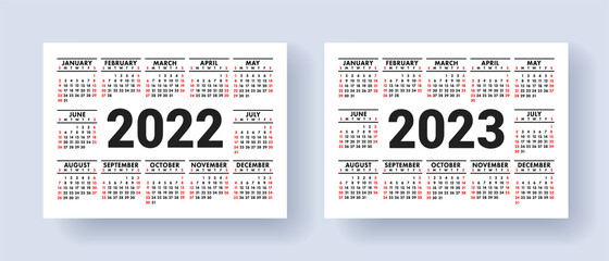 Calendar 2022 and 2023 year set. Vector template collection. Week starts on Sunday. January, February, March, April, May, June, July, August, September, October, November, December