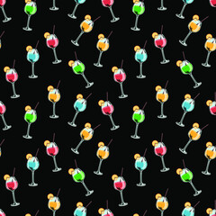 Vector Seamless Pattern, Cocktails Colorful Background Template, Drinks Illustration.
