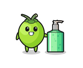 cute coconut cartoon with hand sanitizer