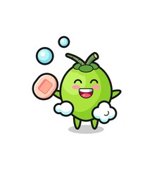 coconut character is bathing while holding soap