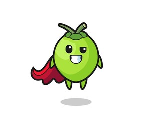 the cute coconut character as a flying superhero