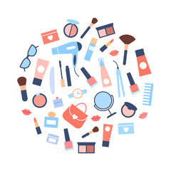 Fototapeta na wymiar Flat beauty products circle concept. Woman accessories icons on white background. Girl treatment nature cosmetics skin care bottle lipstick brush glasses collection. Minimal design vector illustration