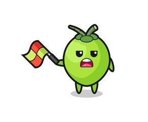 coconut cartoon as the line judge hold the flag up at a 45 degree angle