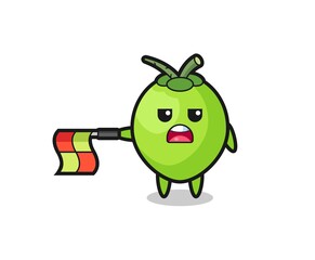 coconut character as line judge hold the flag straight horizontally