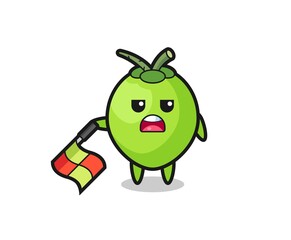 coconut character as line judge hold the flag down at a 45 degree angle
